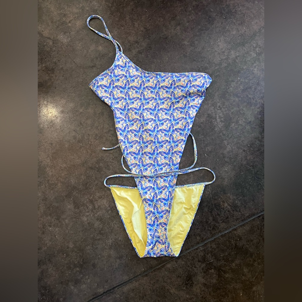 Frankie's Bikinis Blue Floral One-Piece Swimsuit with Yellow Lining